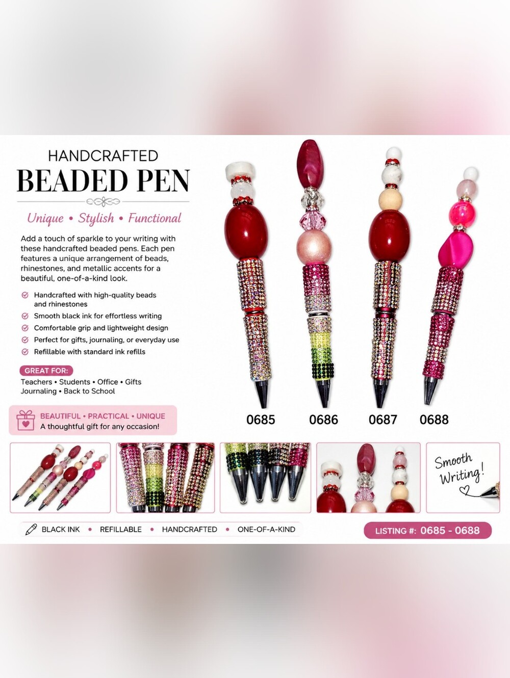 Handcrafted Beaded Bling Ballpoint Pen Black Ink Refillable Gift